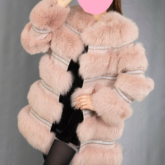 NewReal Fox Fur Paneled Wool Tweed Overcoat Jacket Sequin Rhinestone embellished - Picture 5 of 6